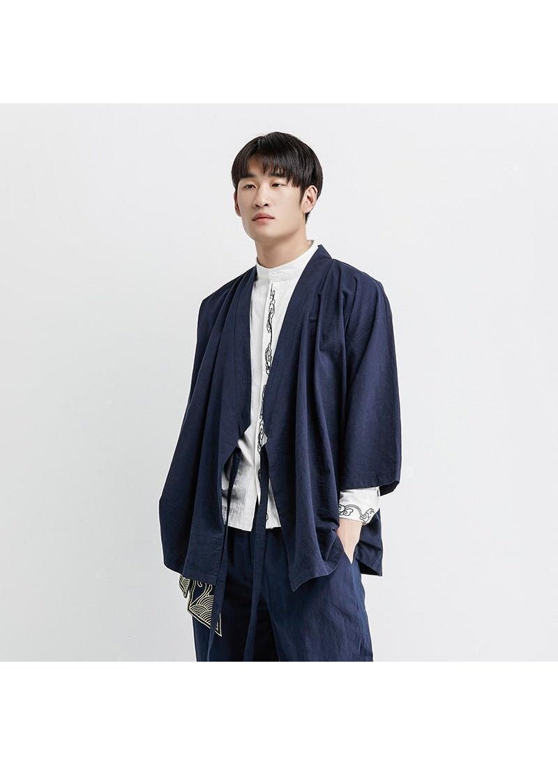 Mens Loose Hanfu Set Retro Tang Jacket Navy blue one-piece top