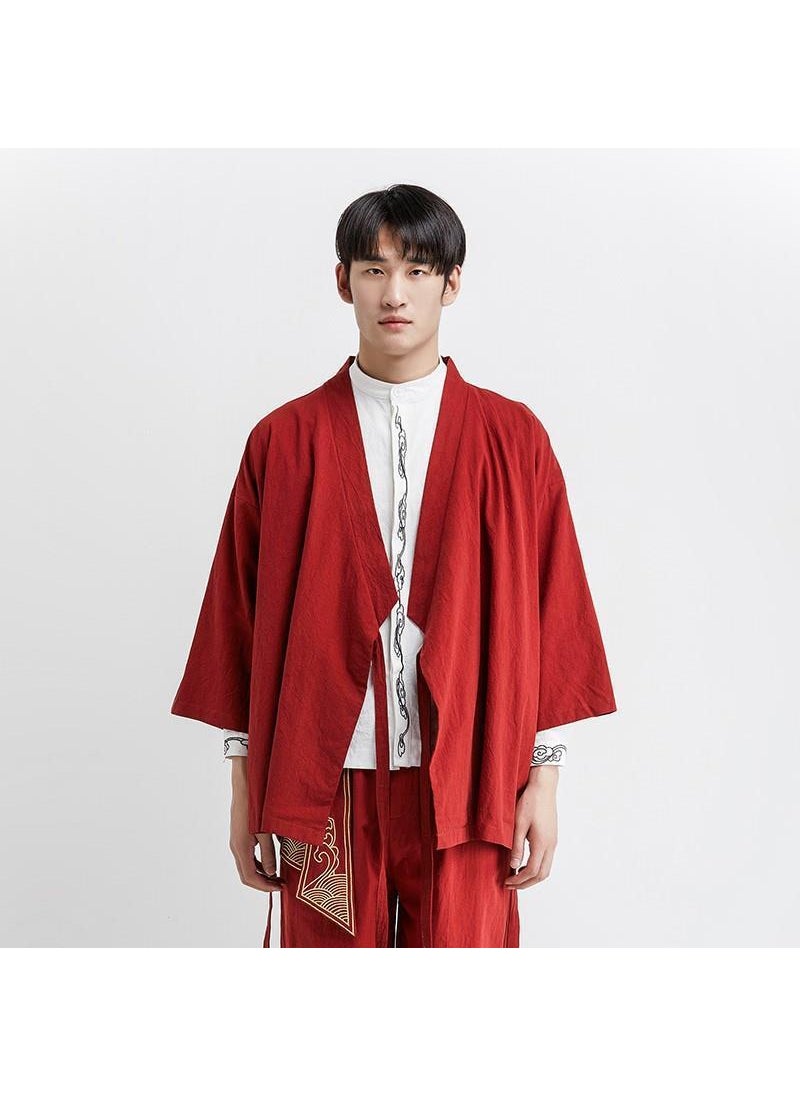 Mens Loose Hanfu Set Retro Tang Jacket Red one-piece top