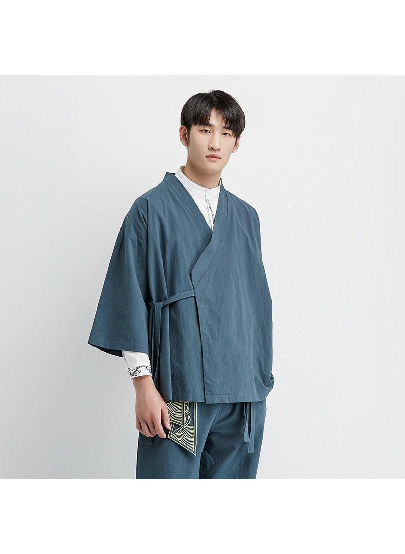 Mens Loose Hanfu Set Retro Tang Jacket Gray and blue one-piece top