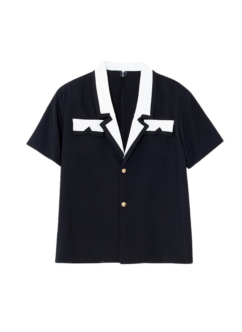 2023 Contrast Trim Blazer Collar Mens Casual Shirt Black