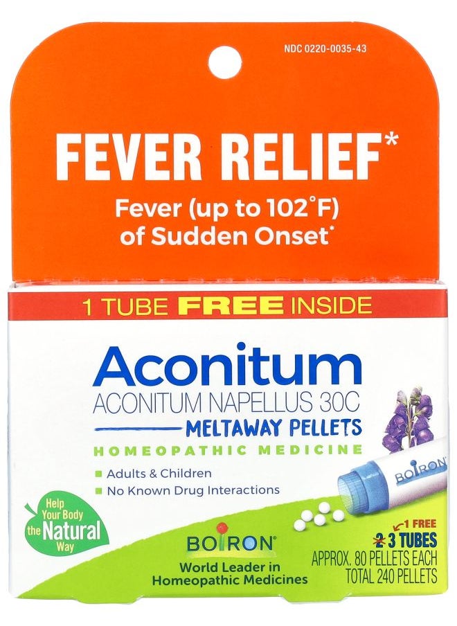 Aconitum Fever Relief Meltaway Pellets 30C 3 Tubes 80 Pellets Each