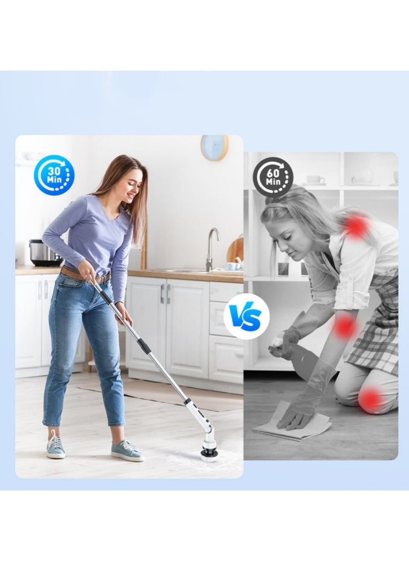 Electric Rotary Cleaning Brush, Cordless Shower Cleaning Brush. it Is Equipped With 9 Replaceable Brush Heads. The Electric Scrubber Has 2 Adjustable Speed Levels. There Is Also An Adjustable Extens