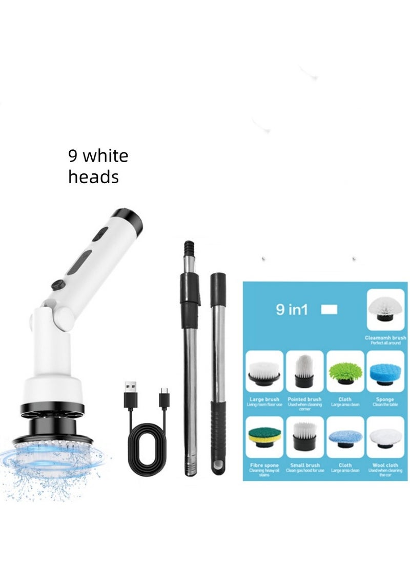 Electric Rotary Cleaning Brush, Cordless Shower Cleaning Brush. it Is Equipped With 9 Replaceable Brush Heads. The Electric Scrubber Has 2 Adjustable Speed Levels. There Is Also An Adjustable Extens