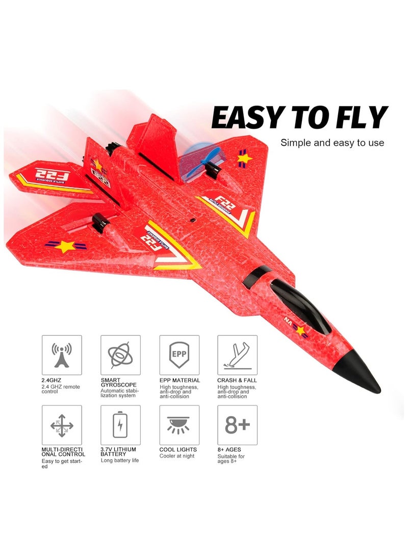 RC Plane, F22 Airplane Fighter Ready to Fly, 2.4Ghz 2 Channel Remote Control Airplanes Toy for Boys Girls Kids Beginners, Assorted Colors Red