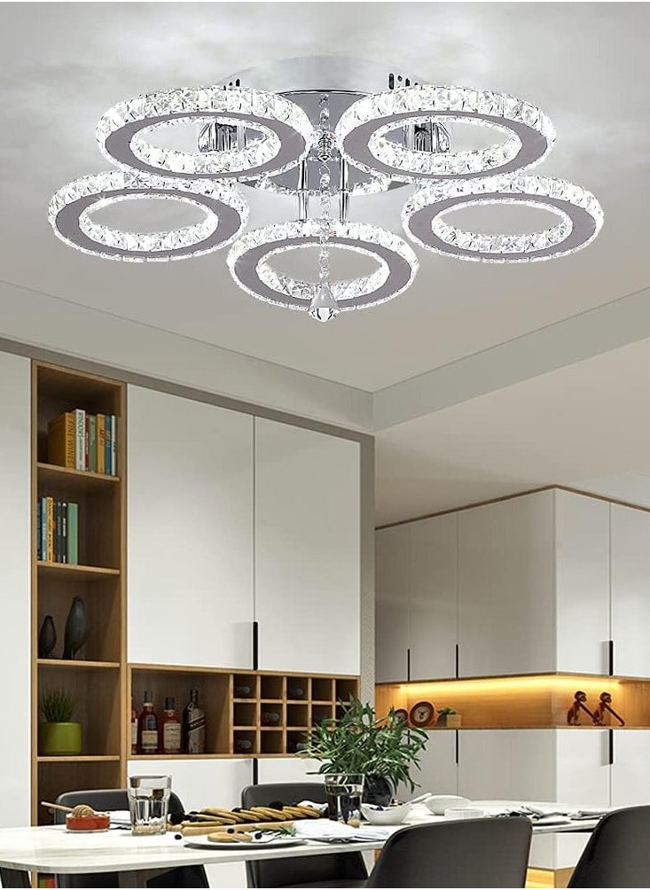 Modern LED Crystal Chandelier, 5-Ring Pendant Ceiling Light, Cool White Flush Mount Lighting for Living Room, Bedroom, Dining Room