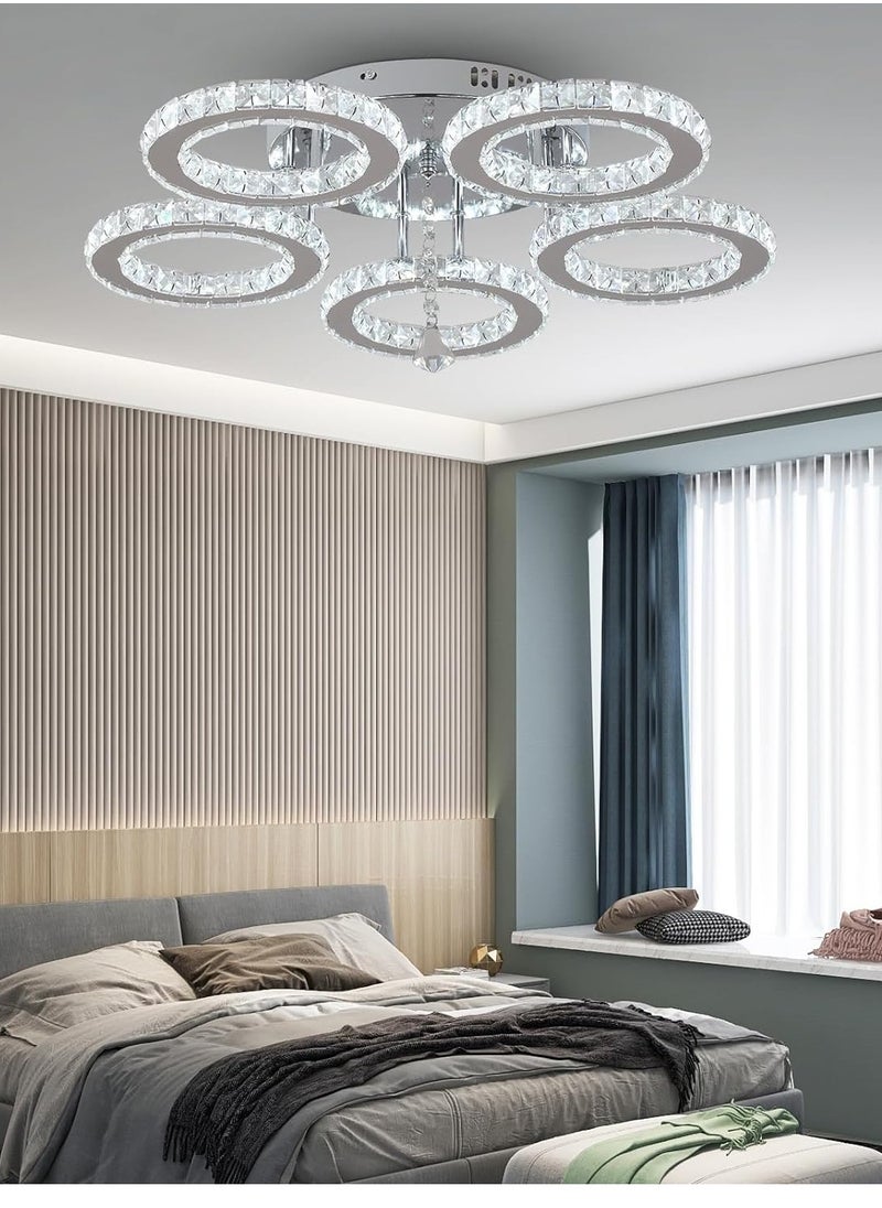 Modern LED Crystal Chandelier, 5-Ring Pendant Ceiling Light, Cool White Flush Mount Lighting for Living Room, Bedroom, Dining Room