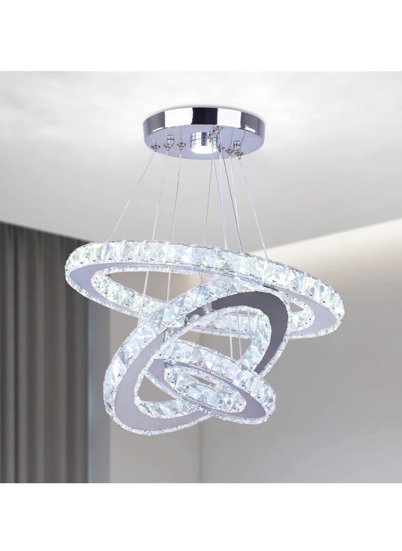 Modern Crystal 3 Rings LED Chandelier – Adjustable Stainless Steel Pendant Light for Dining Room, Bedroom, and Living Room