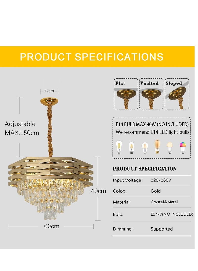 Gold Modern 5-Tier Crystal Chandelier, 60cm Round Pendant Light, K9 Ceiling Fixture for Dining Room, Living Room, Foyer