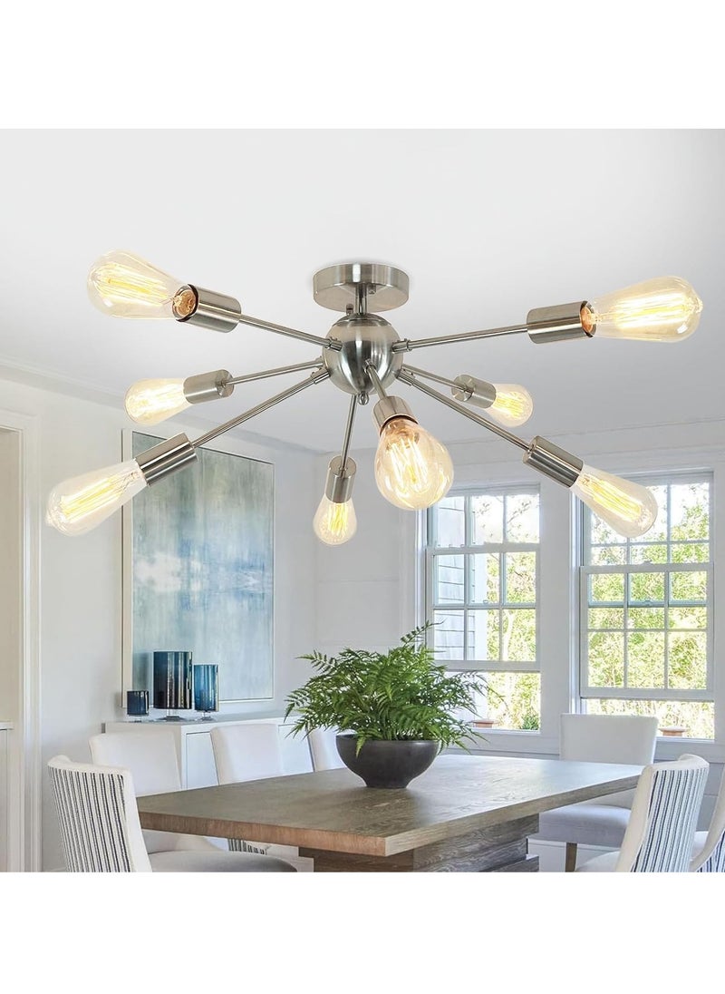 Silver Sputnik Chandelier Ceiling Light, 8-Light Sand Nickel Metal Pendant for Dining Room, Living Room, and Bedroom