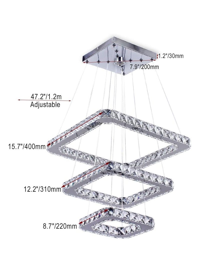 Modern Crystal LED Square Rings Pendant Light, Adjustable Height Ceiling Lamp for Dining Room, Bedroom, and Kitchen