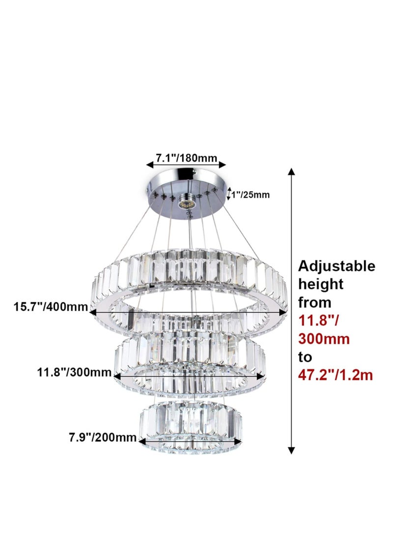 Modern Big 3-Ring Crystal LED Chandelier, Adjustable Stainless Steel Ceiling Light for Living Room, Bedroom, Dining Room