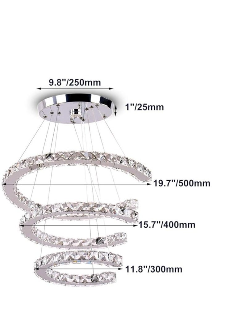 Modern Crystal Chandeliers 3-Ring LED Pendant Light C-Shaped Crystal Ceiling Lamp DIY Stainless Steel LED Chandelier for Living Room, Bedroom (Cool White)