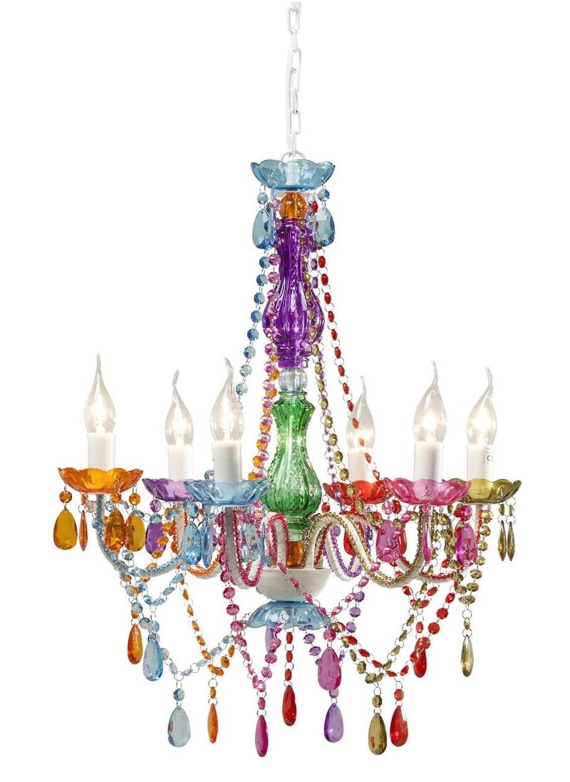 Multicolored 6-Armed Pendant Lamp, Starlight Rainbow Chandelier, Steel with Acrylic Crystals for Living Room, Bedroom, Hallway