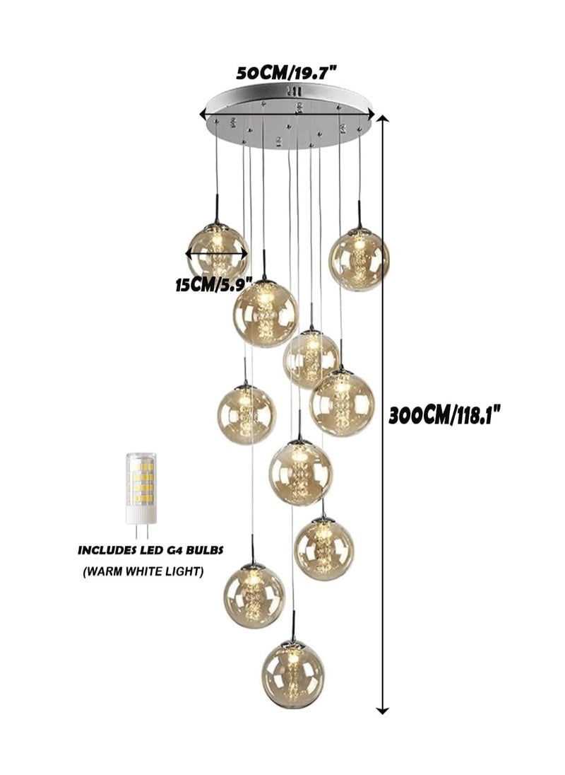 10 Glass Balls Staircase Chandelier, Long Pendant Light for Duplex Building, Villa, and Living Room (Champagne)