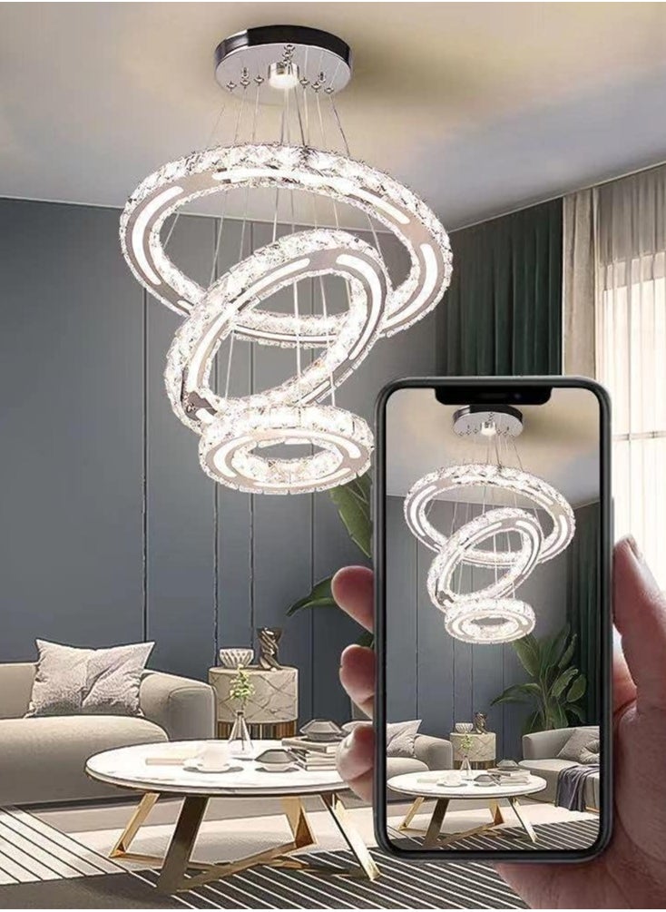 LED Crystal Chandelier, 3-Ring Dimmable Ceiling Pendant Lamp with Remote Control