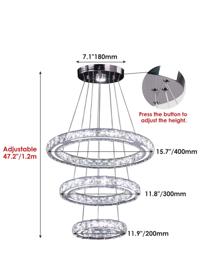 LED Crystal Chandelier, 3-Ring Dimmable Ceiling Pendant Lamp with Remote Control