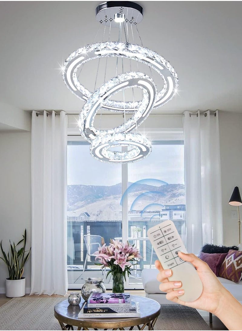 LED Crystal Chandelier, 3-Ring Dimmable Ceiling Pendant Lamp with Remote Control