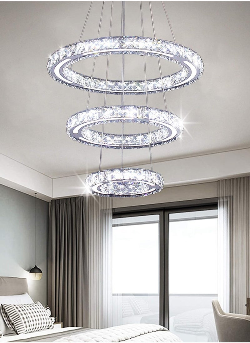 LED Crystal Chandelier, 3-Ring Dimmable Ceiling Pendant Lamp with Remote Control