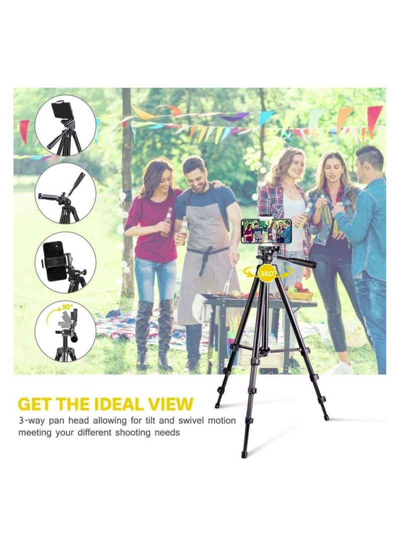 Phone Tripod, 50-inch Aluminium Travel Video Tripod Stand for Phone and Camera with Bluetooth Remote Shutter and Phone Clip, Compatible with iPhone & Android Phone