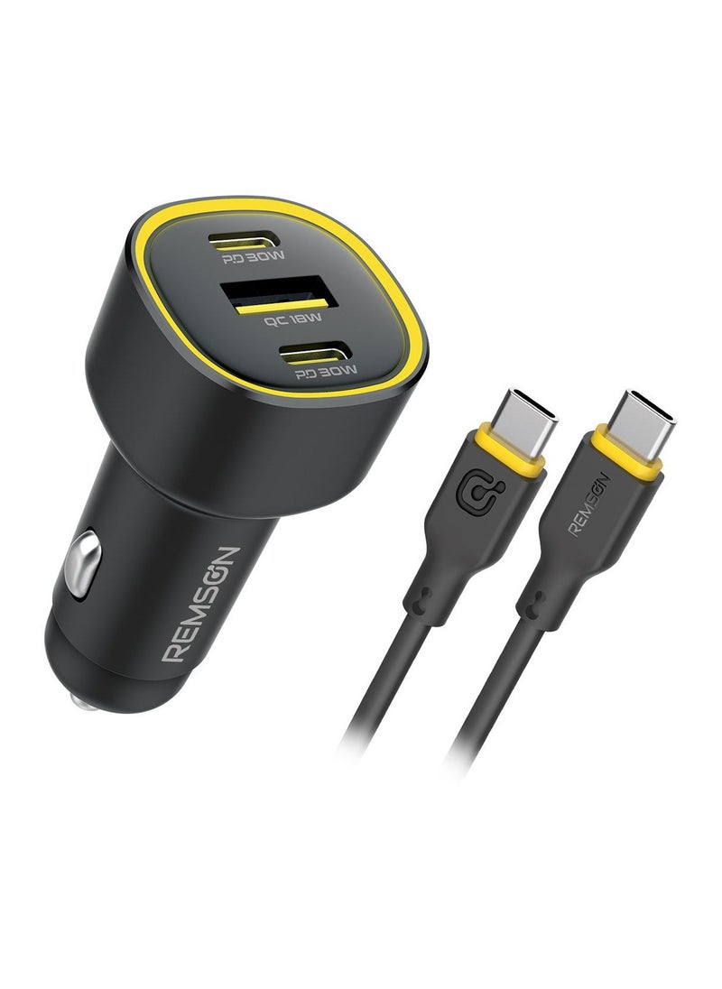 Remson Neo Power Car Charger PD 60W 2 USB-C Port/ 1 USB-A Port and 1 USB-C Cable Fast Charging Compatible For iPhone 16 Pro/ Pro Max/16/15/14/13/12, Galaxy, S24/S23/S22/S21, iPad Pro 6/Air 5