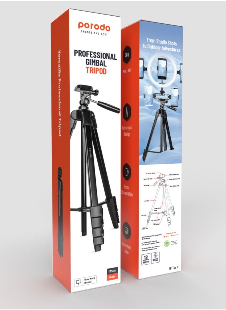 Professional Gimbal Tripod 171Cm Height / Broad Compatibility / Phone Mount Included / Aluminum Tripod - Black