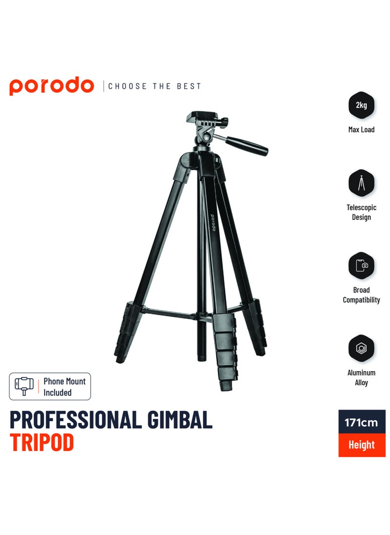 Professional Gimbal Tripod 171Cm Height / Broad Compatibility / Phone Mount Included / Aluminum Tripod - Black