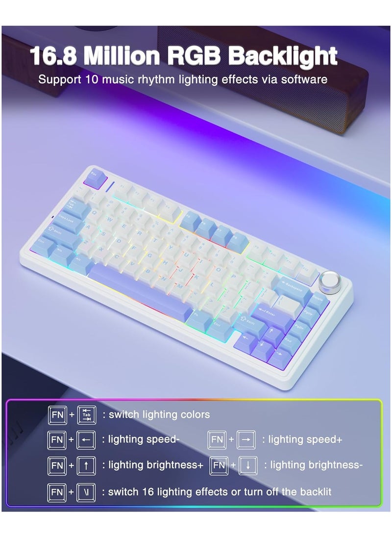 AULA F75 75% Wireless Mechanical Keyboard,Gasket Hot Swappable Custom Keyboard,Pre-lubed Linear Switches RGB Backlit Gaming Keyboard,2.4GHz/Type-C/BT5.0 Mechanical Keyboard(Star Vector Switch - White&Blue&Purple)