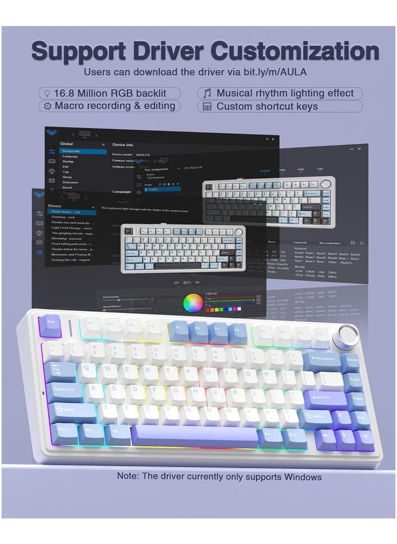 AULA F75 75% Wireless Mechanical Keyboard,Gasket Hot Swappable Custom Keyboard,Pre-lubed Linear Switches RGB Backlit Gaming Keyboard,2.4GHz/Type-C/BT5.0 Mechanical Keyboard(Star Vector Switch - White&Blue&Purple)