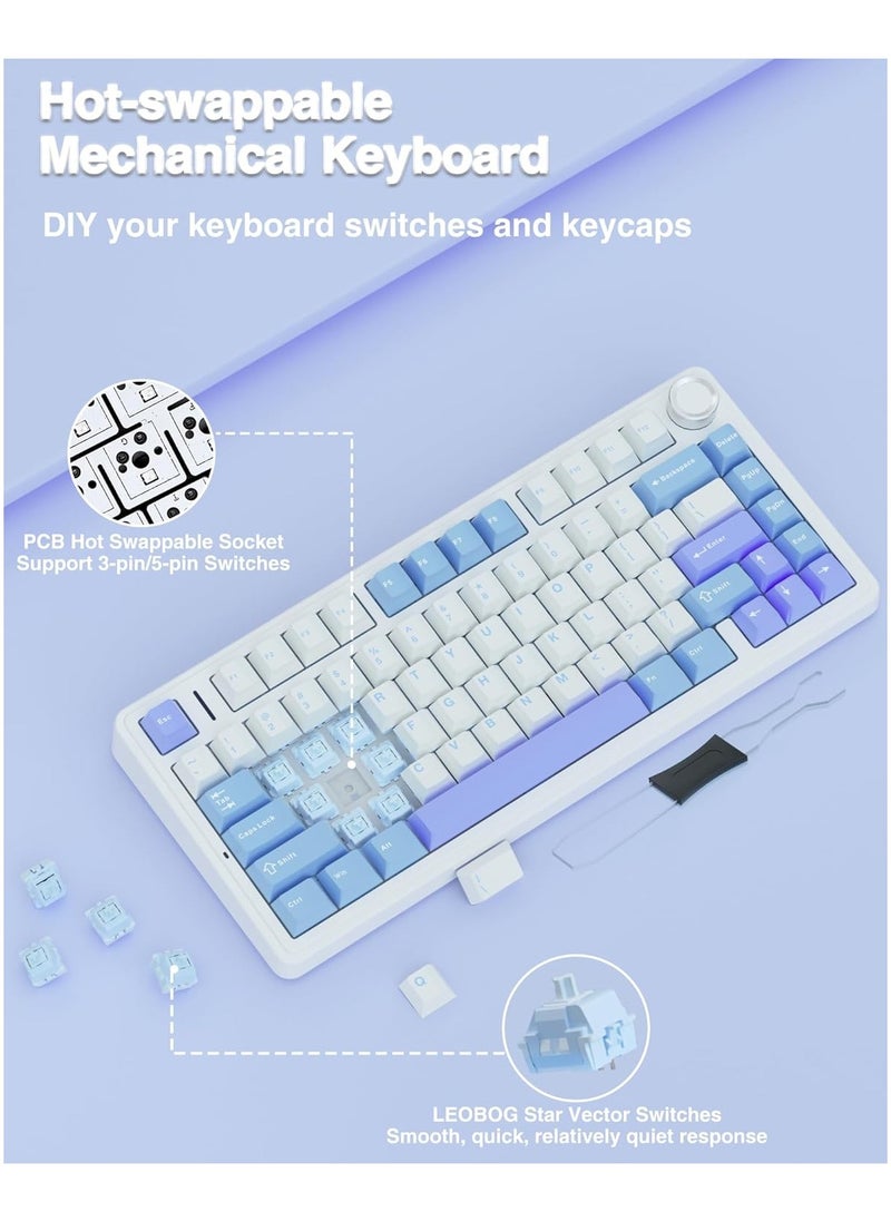 AULA F75 75% Wireless Mechanical Keyboard,Gasket Hot Swappable Custom Keyboard,Pre-lubed Linear Switches RGB Backlit Gaming Keyboard,2.4GHz/Type-C/BT5.0 Mechanical Keyboard(Star Vector Switch - White&Blue&Purple)