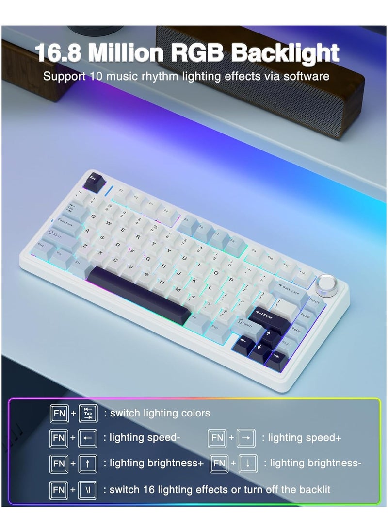 AULA F75 75% Wireless Mechanical Keyboard,Gasket Hot Swappable Custom Keyboard,Pre-lubed Reaper Switches RGB Backlit Gaming Keyboard,2.4GHz/Type-C/BT5.0 Mechanical Keyboard (Reaper Switch White & Blue)