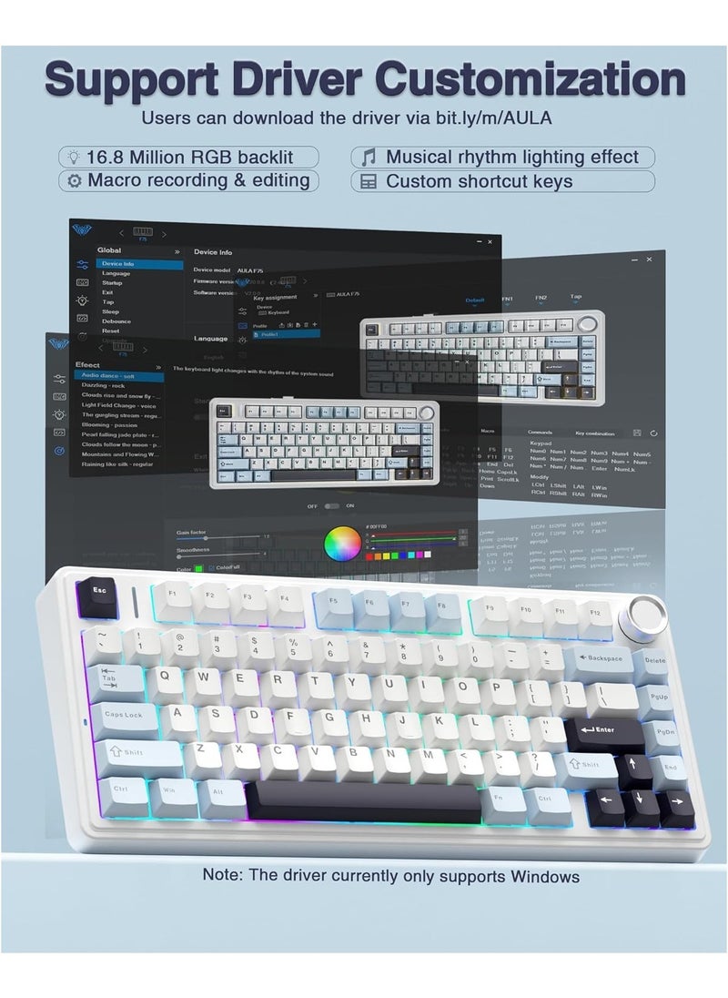 AULA F75 75% Wireless Mechanical Keyboard,Gasket Hot Swappable Custom Keyboard,Pre-lubed Reaper Switches RGB Backlit Gaming Keyboard,2.4GHz/Type-C/BT5.0 Mechanical Keyboard (Ice Vein switch White & Blue)