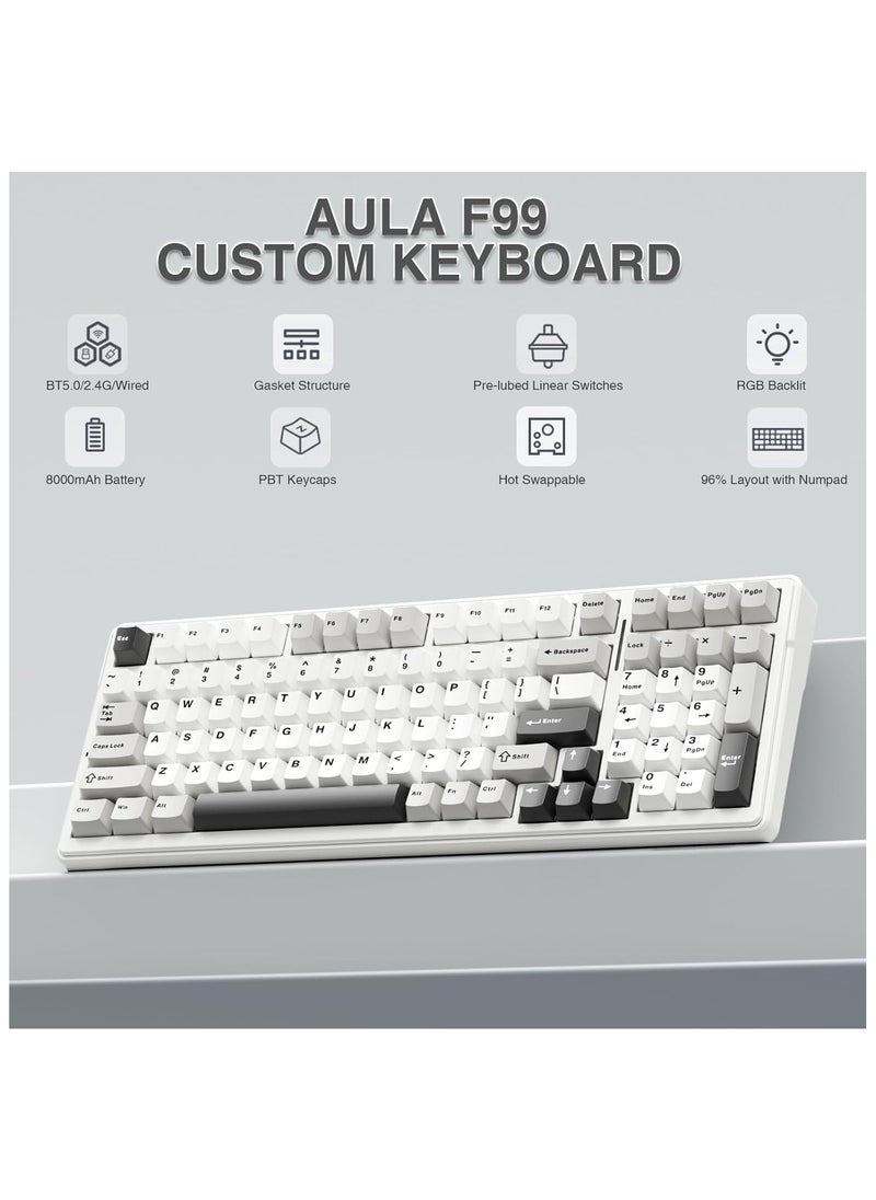 AULA F99 Wireless Mechanical Keyboard,Tri-Mode BT5.0/2.4GHz/USB-C Hot Swappable Custom Keyboard,Pre-lubed Linear Switches,Gasket Structure,RGB Backlit Gaming Keyboard for PC/Tablet/PS/Xbox (Reaper Switches)