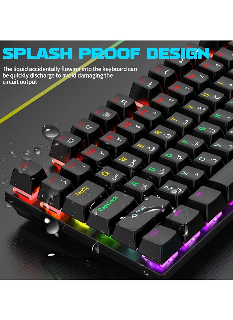 English Arabic Mechanical Gaming Keyboard with LED Backlit, 104 Keys Quick Response USB Interface E-sport Waterproof Wired Keyboard for Windows,MacOS,Android PC Gamers Black