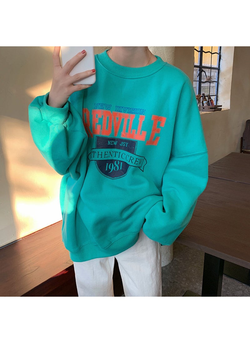 Thickened Fleece Loose Round Neck Womens Sweatshirt Autumn Winter New Korean Fashion 38 Green