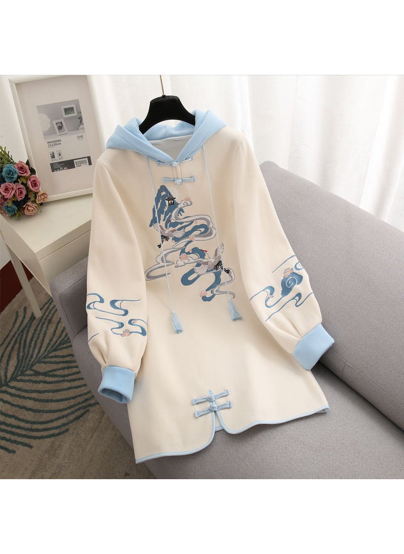 2023 New Chinese Style Embroidered Hoodie Dress Blue