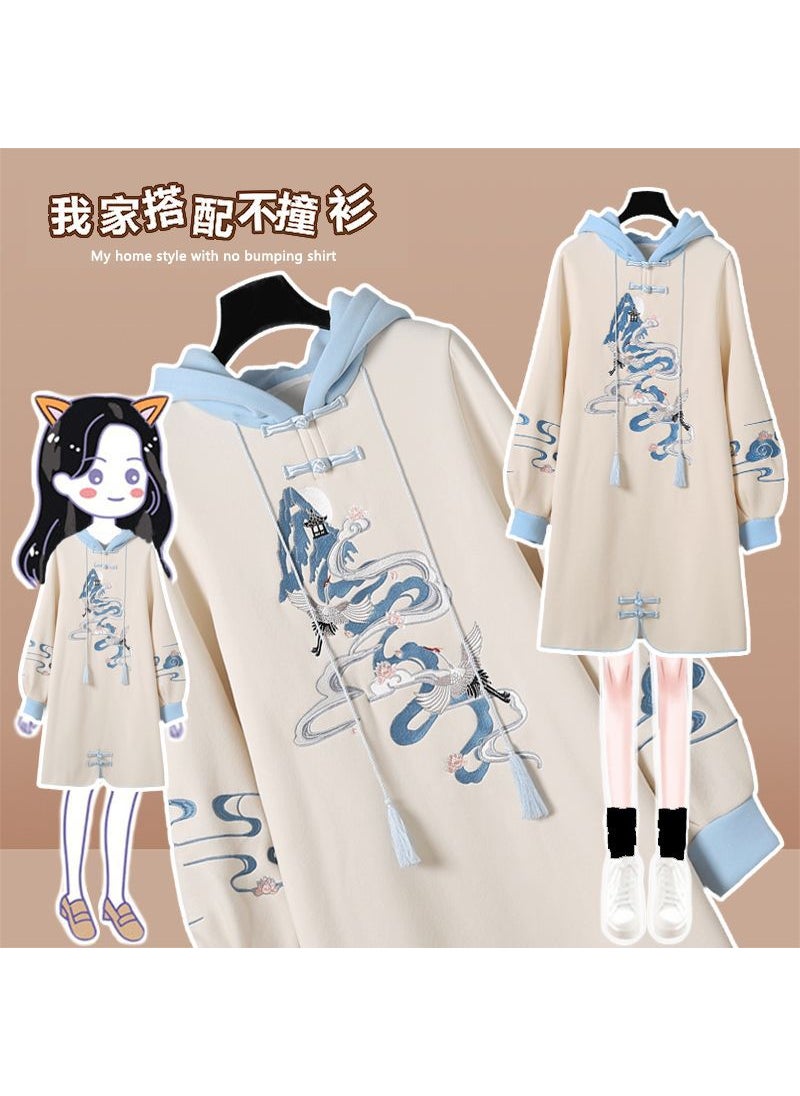 2023 New Chinese Style Embroidered Hoodie Dress Blue