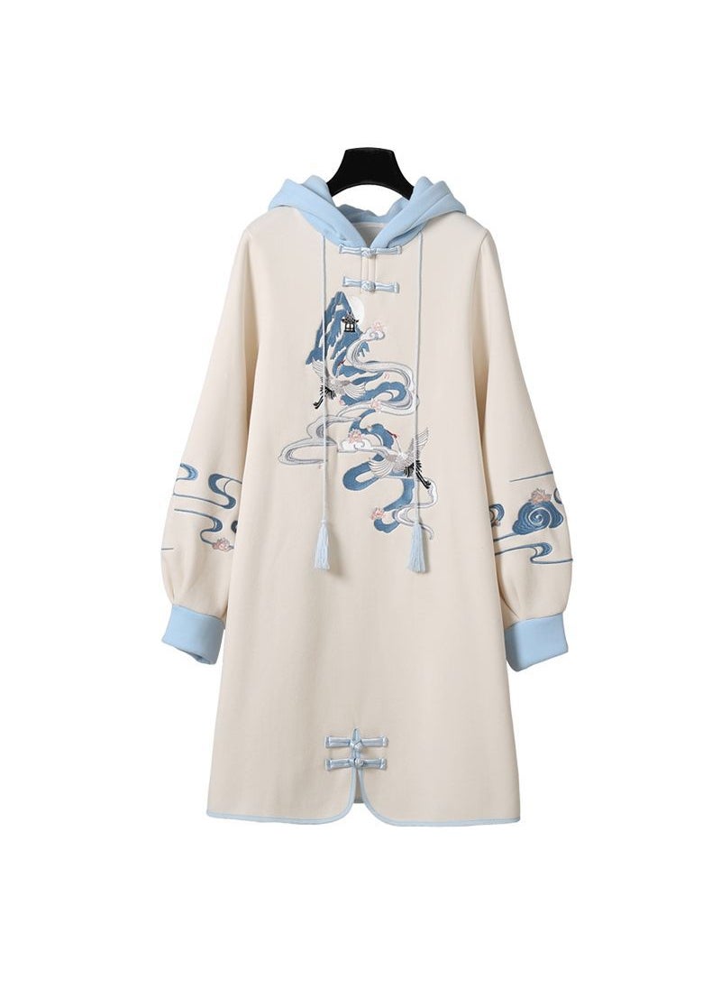 2023 New Chinese Style Embroidered Hoodie Dress Apricot