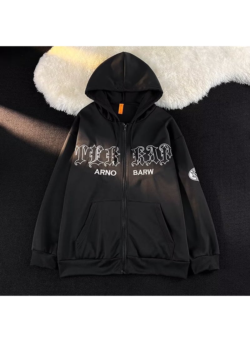 Retro Embroidered Hoodie Streetwear for Couples W11 Black