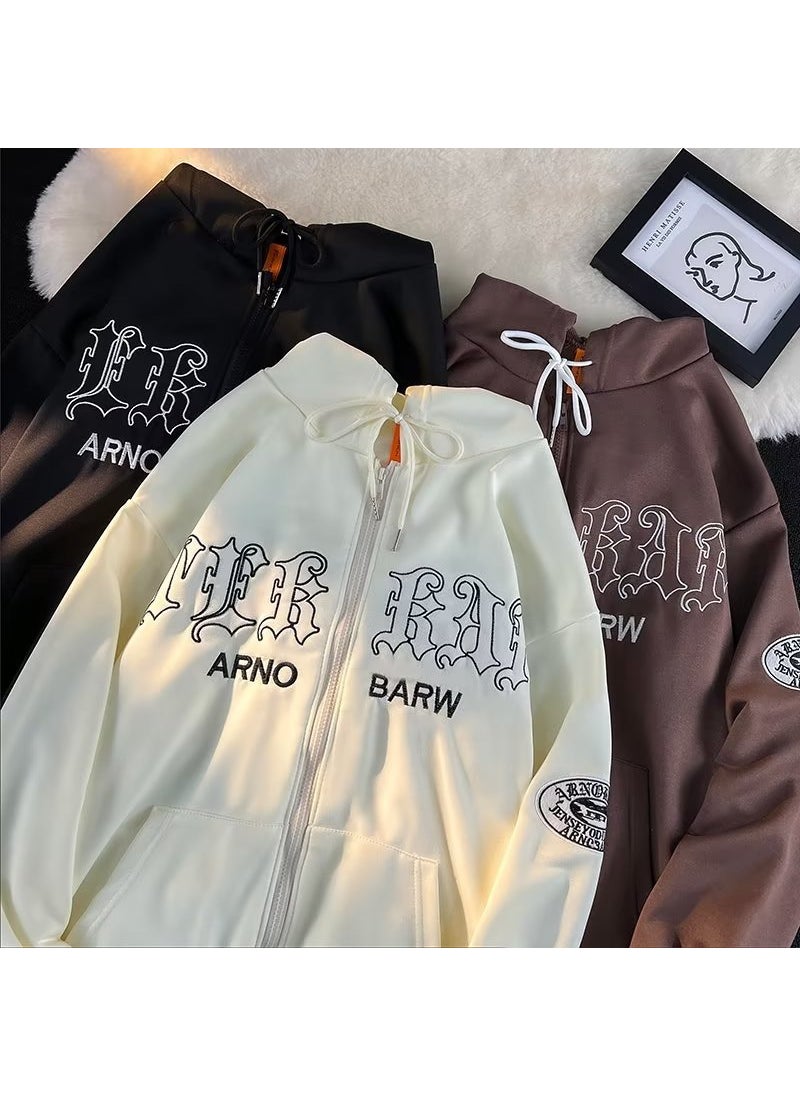 Retro Embroidered Hoodie Streetwear for Couples W08 apricot