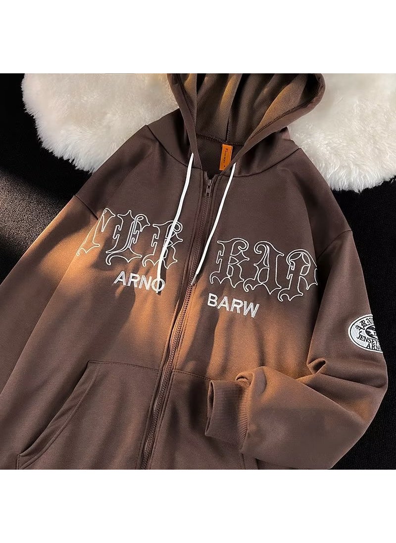 Retro Embroidered Hoodie Streetwear for Couples W11 apricot