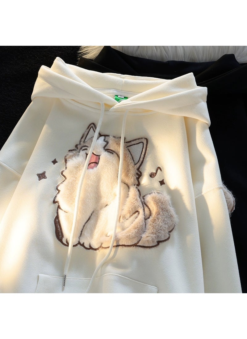 2024 Cartoon Embroidered Hoodie Women Autumn Oversize Apricot