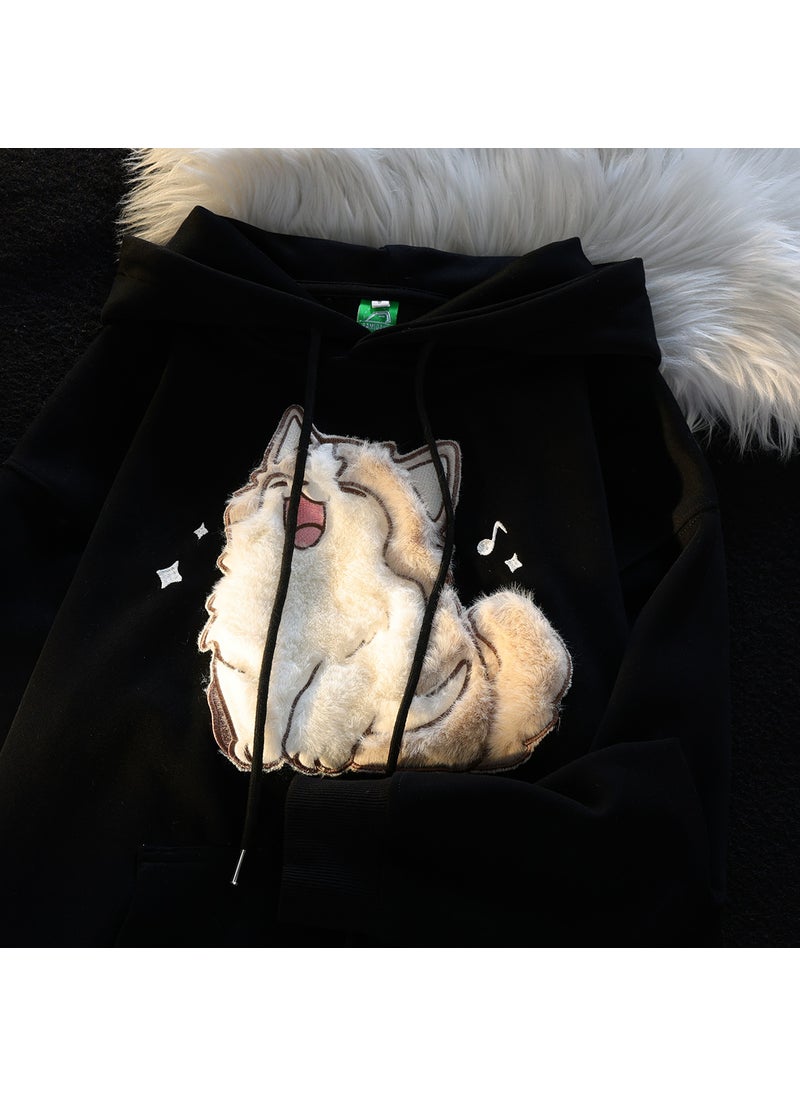 2024 Cartoon Embroidered Hoodie Women Autumn Oversize Black with velvet