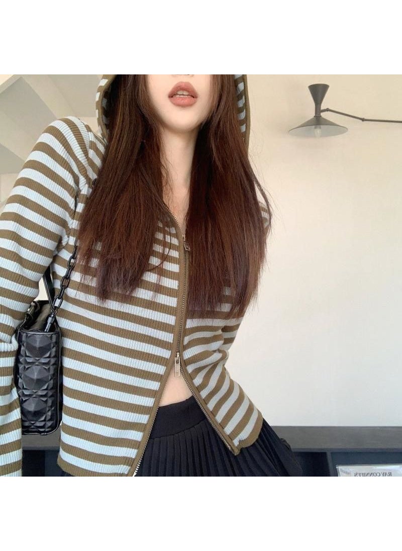 2023 Striped Hooded Knit Cardigan Autumn Slim Fit Zip-up Sweatshirt Blue brown stripes DDL3857