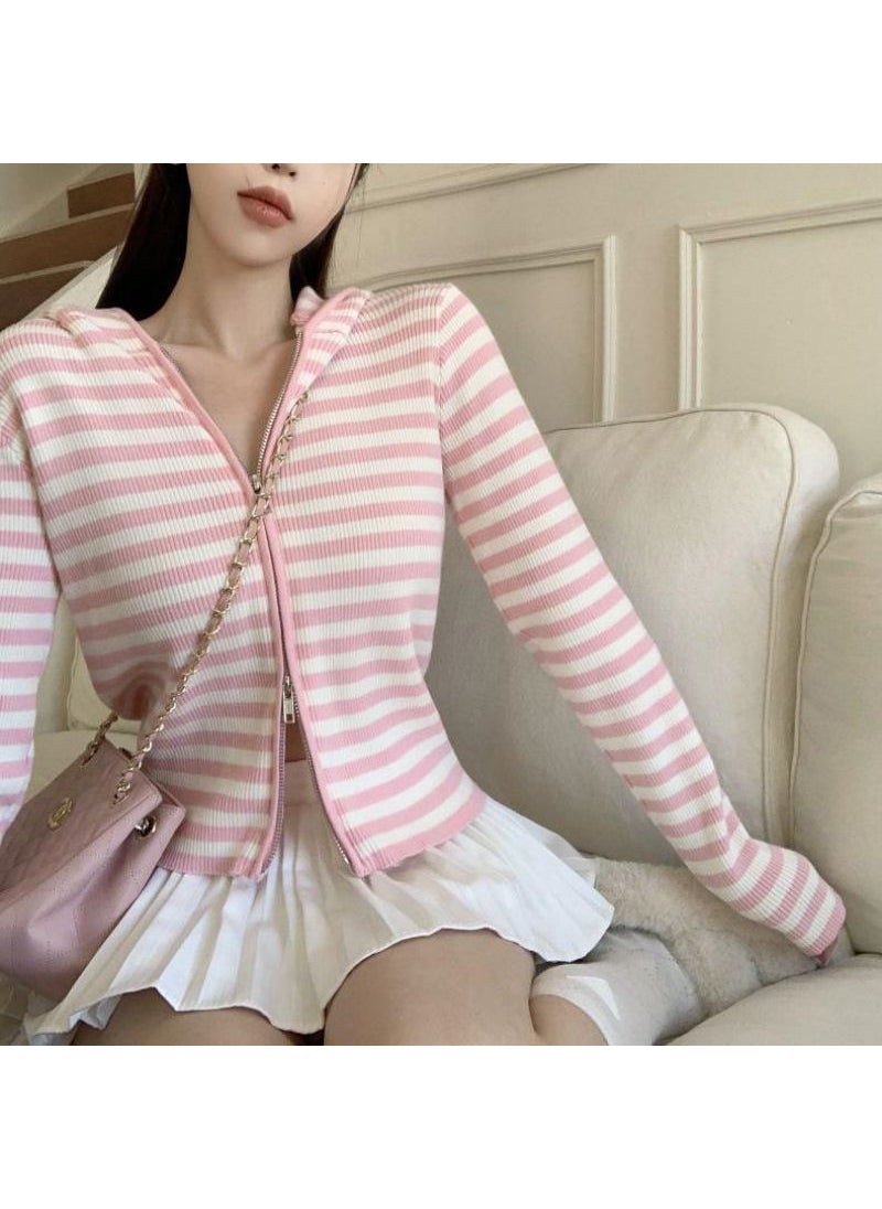 2023 Striped Hooded Knit Cardigan Autumn Slim Fit Zip-up Sweatshirt Pink striped DDL3857