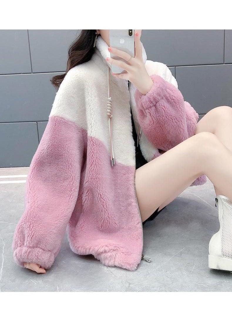 2023 Winter Korean Thick Fleece Color-Block Zip-Up Cardigan Green