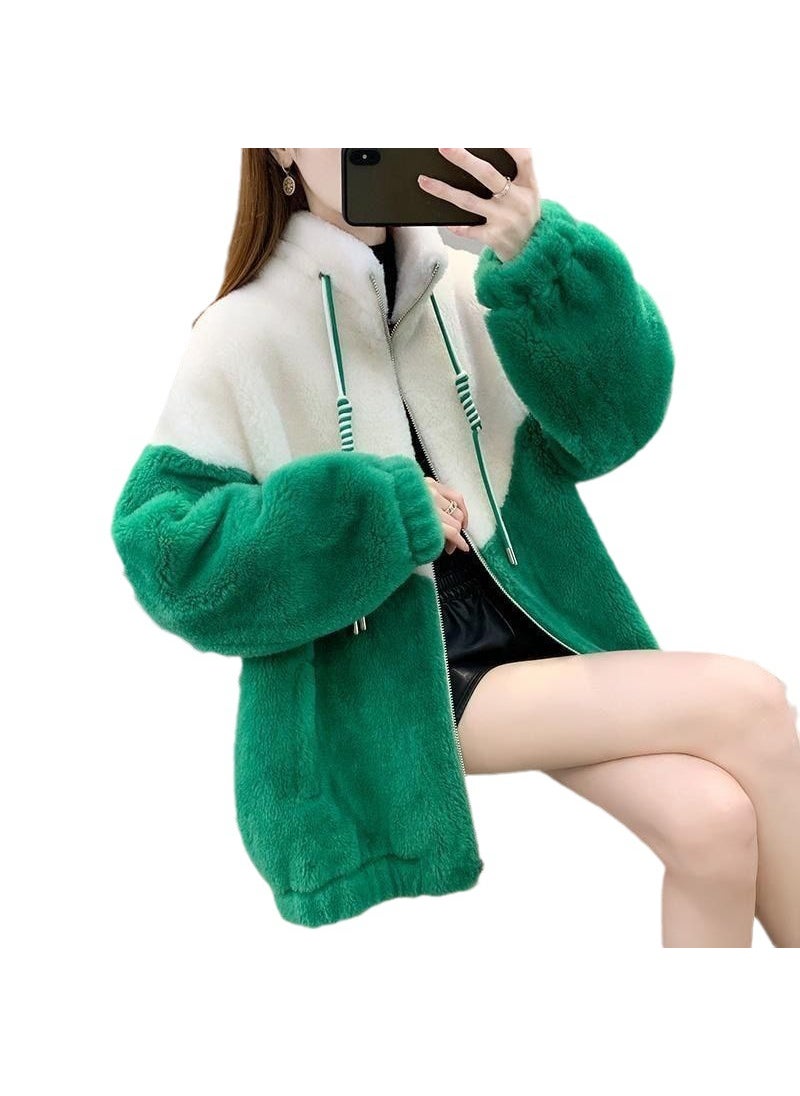 2023 Winter Korean Thick Fleece Color-Block Zip-Up Cardigan Green