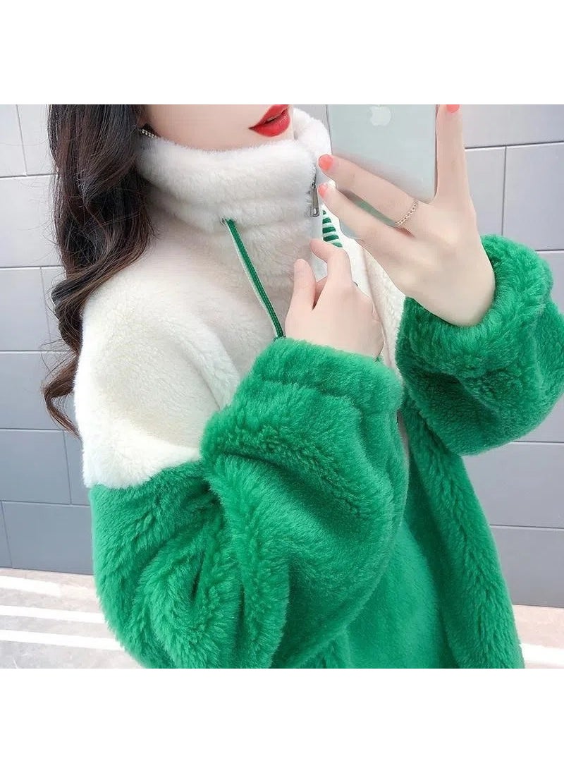 2023 Winter Korean Thick Fleece Color-Block Zip-Up Cardigan Green