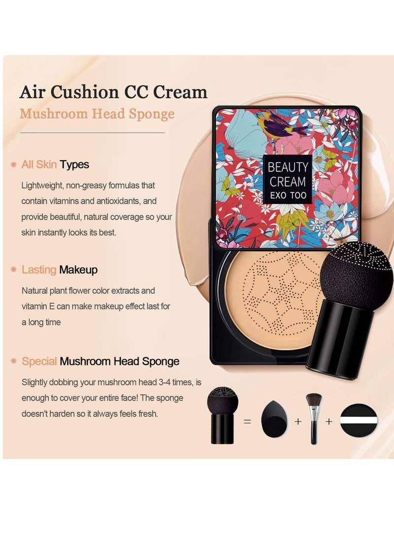 NUIBO Air Cushion CC Cream Mushroom Head, Moisturizing Concealer Makeup Base, Primer Liquid Foundation Long Lasting with Two Mushroom Makeup Sponges 【Natural】【Screw lid】