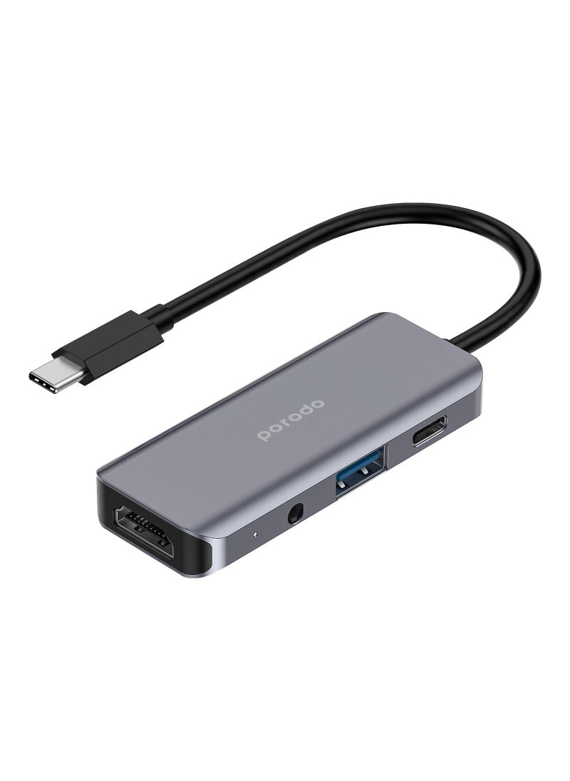 4in1 USB-C Hub Type-C PD 100W HDMI USB 3.5mm Aux - Grey