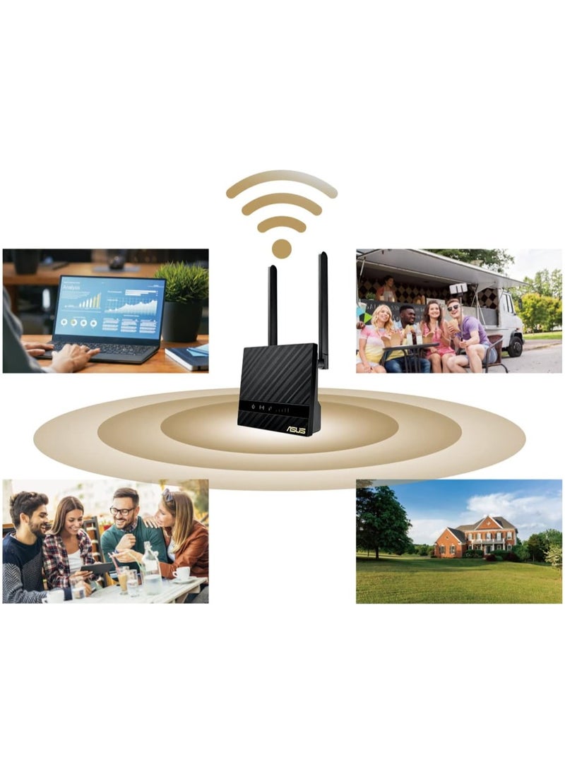 ASUS 4G N16 Wireless N300 LTE Modem Router 2.4 GHz Single Band Up to 300 Mbps Speed 5.3X Faster 4G LTE Speed 2x Detachable Antennas Gigabit ETH Sim Card Slot Black